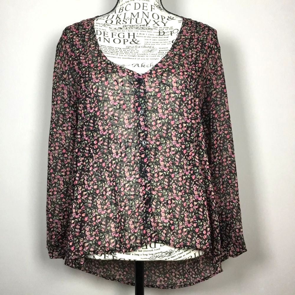 Sheer black pink floral blouse button down delicate flowers pleat detail fairy S